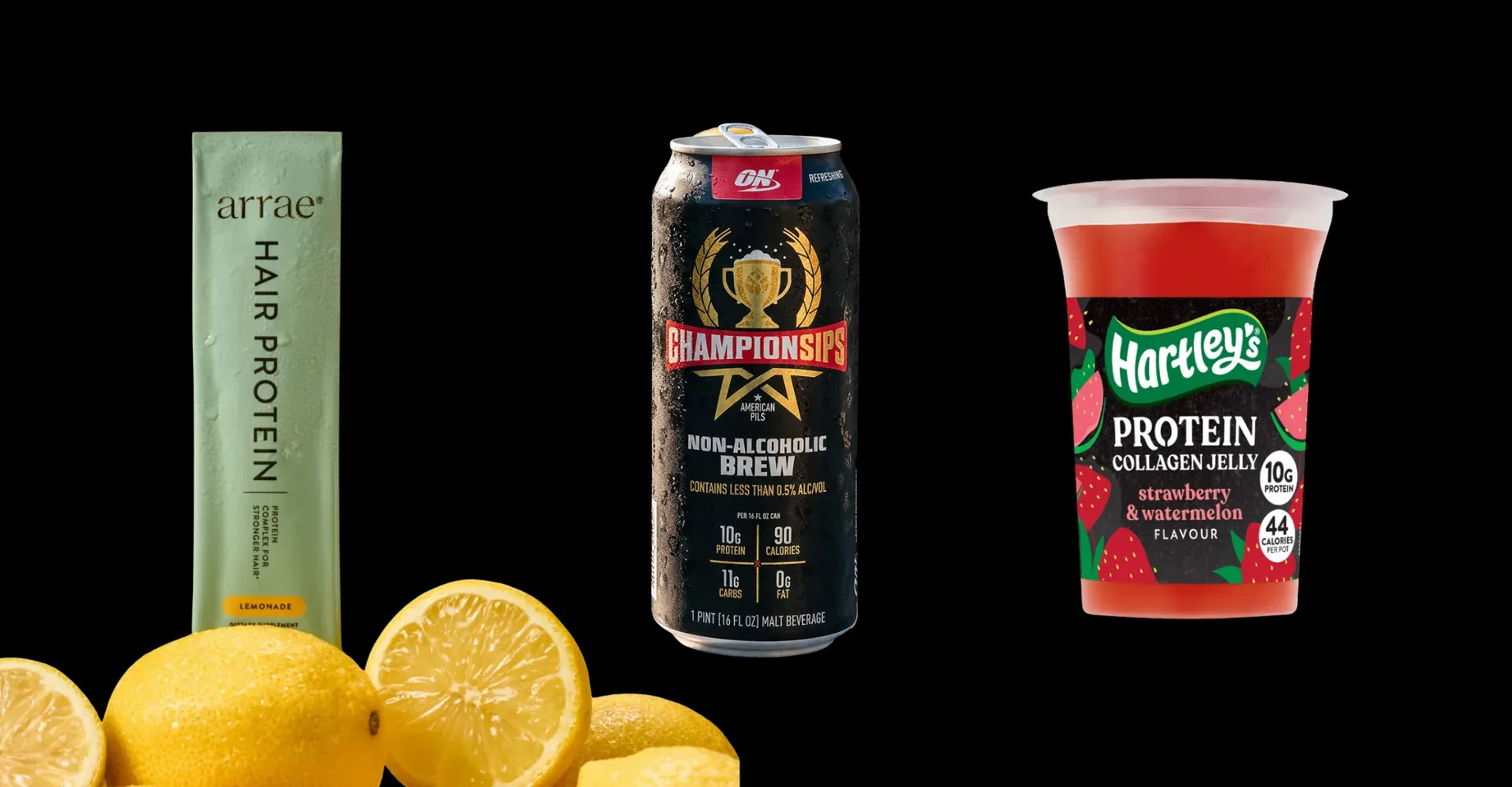 Arrae hair protein, protein beer and Hartley’s protein collagen jelly